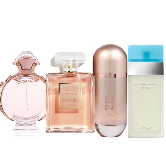 Promo Mujer PAGA 2 LLEVA 4 PERFUMES: Olympea 80 ML + Coco Chanel Mademoiselle 100 ML + GRATIS: CH 212 VIP Rose 80 ML + GRATIS: D&G Light Blue 100 ML