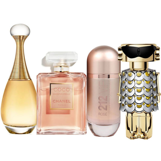 Promo Mujer PAGA 2 LLEVA 4: Dior J'adore 100 ML + CH 212 VIP Rose 80 ml + GRATIS: Fame Rabanne 80 ML + GRATIS: Coco Mademoiselle Chanel 100 ML